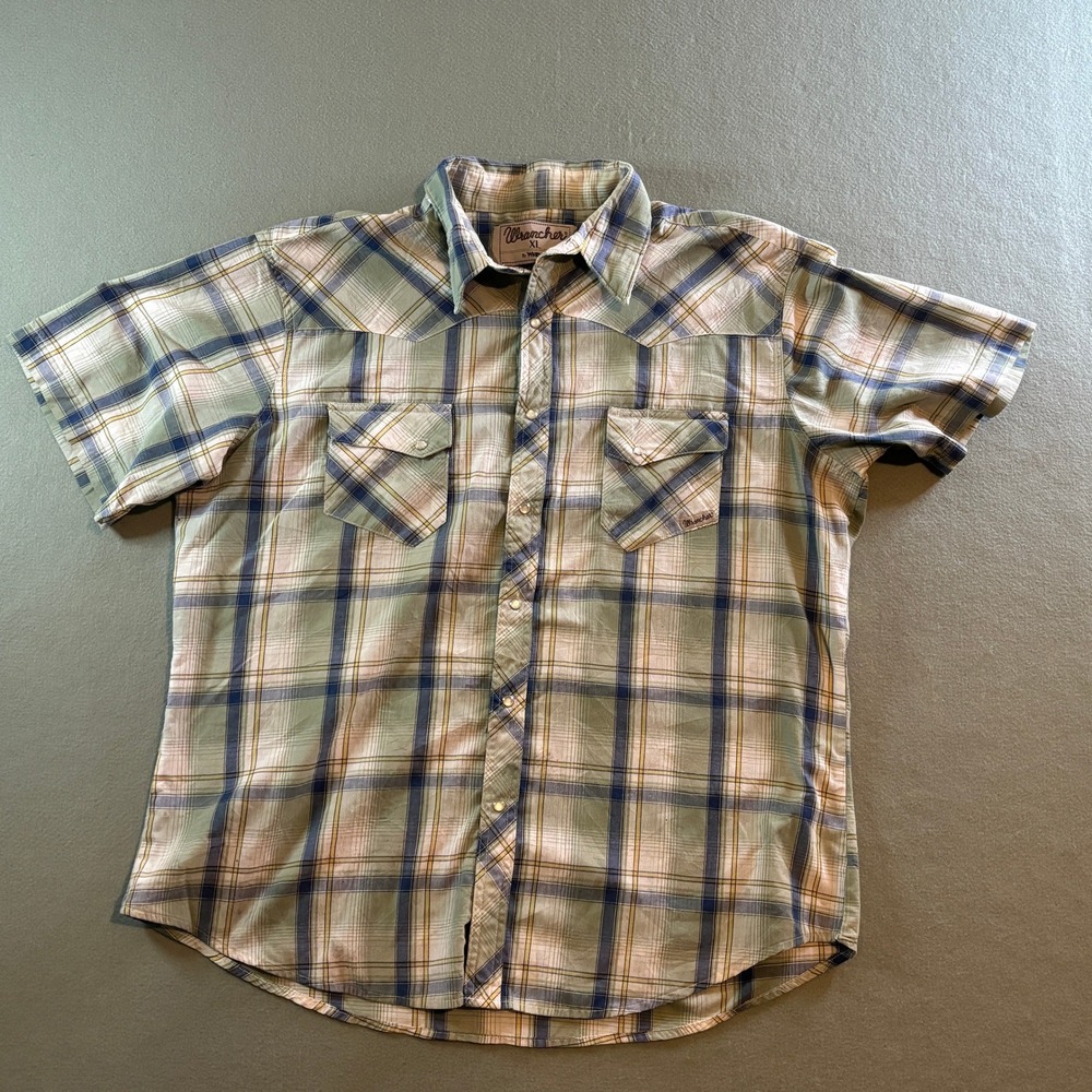 Wrangler Wrancher Mens XL Short Sleeve Western Snap Plaid Shirt Green Blue